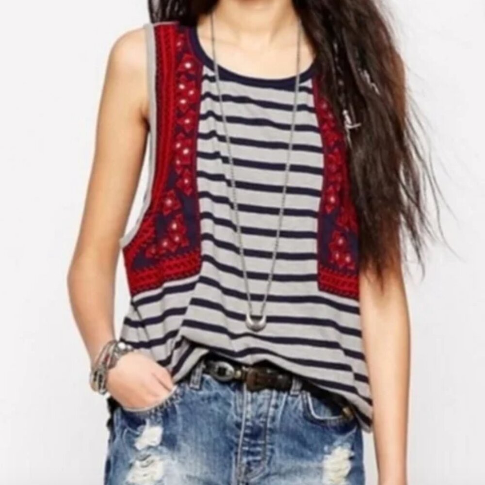 FREE PEOPLE Anthropologie‎ Striped Boho Peasant Festival Tank Top Sz.M
